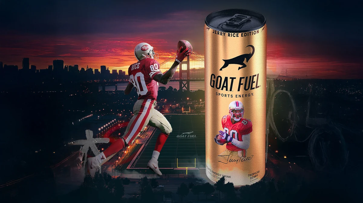 G.O.A.T. Fuel campaign featuring Jerry Rice and the gold energy drink can